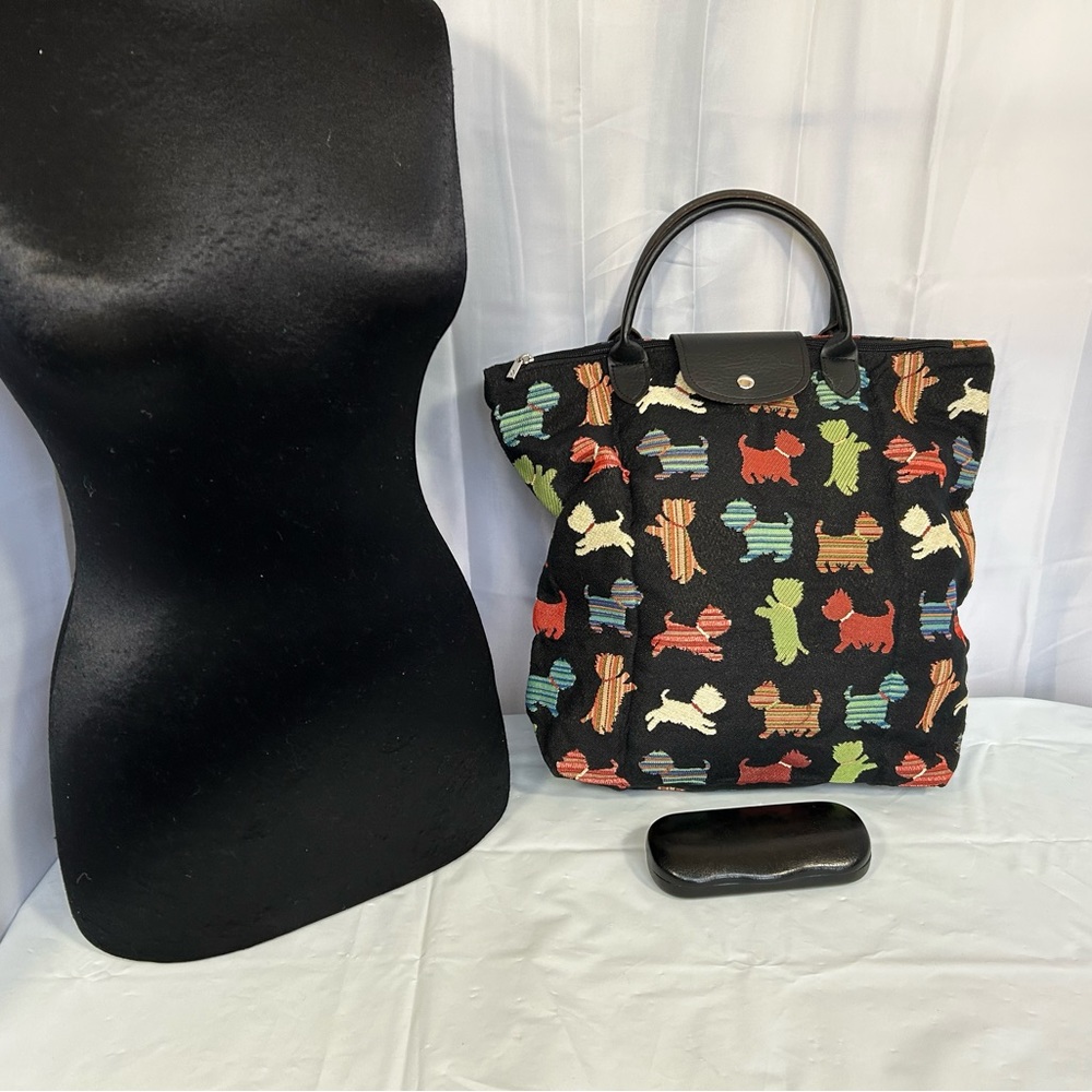 Signare Tapestry Dogs Purse Handbag Tote Carpet Bag Black Multi